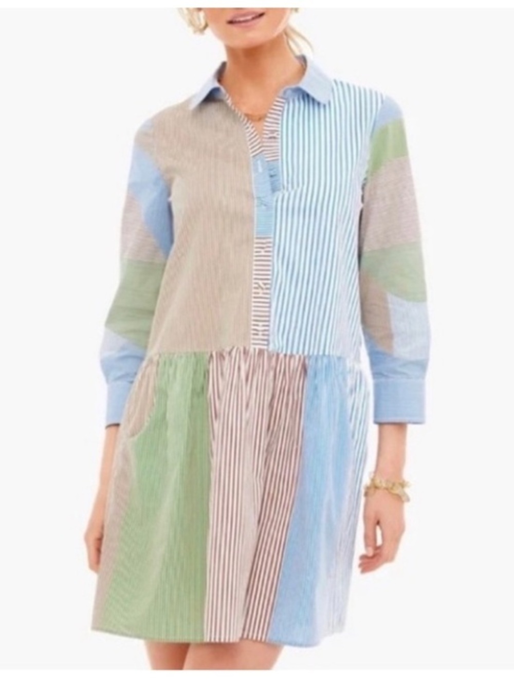 TUCKERNUCK Patchwork Stripe Hayes Shirt Dress Flare Hem Front Pockets cotton